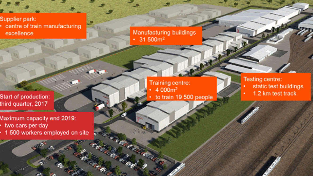 An illustration of the completed train factory.