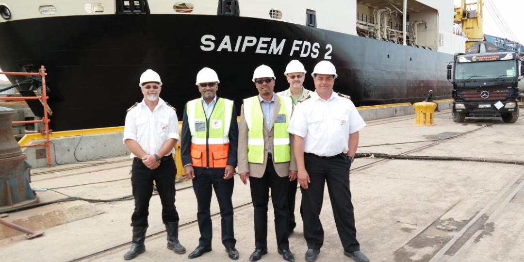 From left: Johan Coetzee (senior dock master), Richard Vallihu (chief executive – Transnet National Ports Authority), Sipho Nzuza (port manager), Johan Claassen (property manager) and Taha Gamieldien (chief dockmaster) with the SAIPEM FDS 2 in the background.