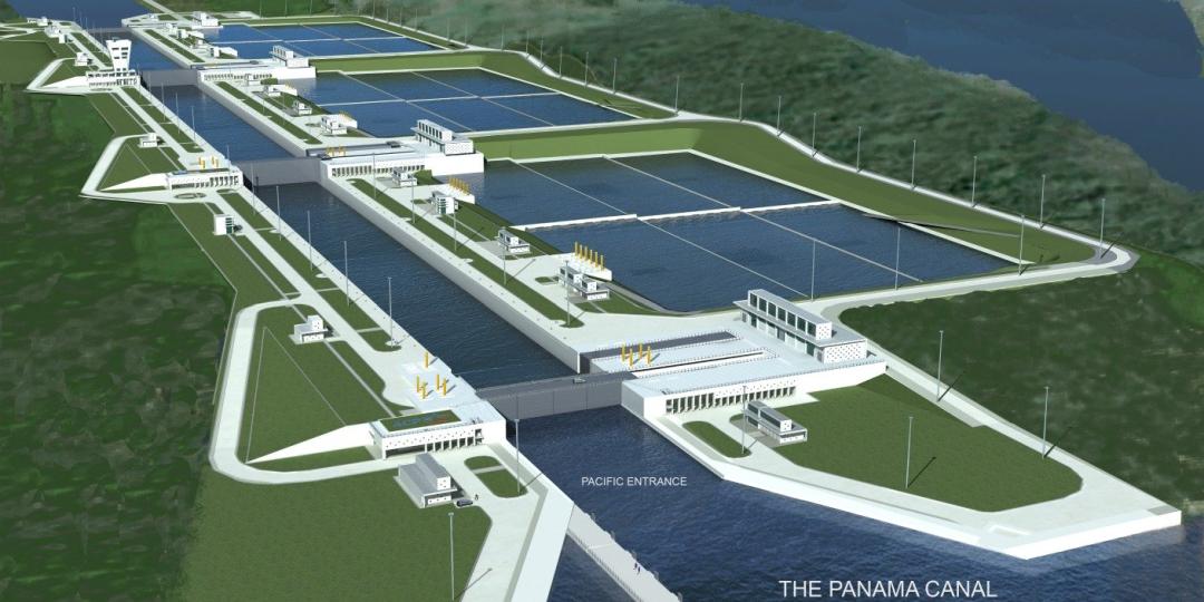 A digital rendering of what the New Panama Canal will look like when it opens on June 27.