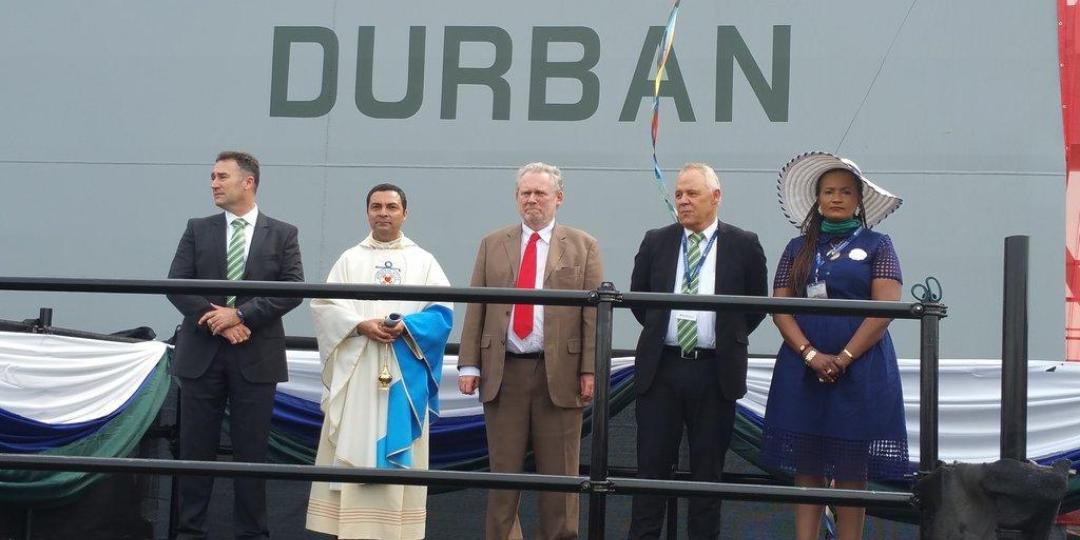 At the launch of the floating dock (from left) Dormac MD Chris Sparg, Father Herman Giraldo, trade minister Rob Davies, Southey Holdings CEO Barry Wickins, and Southey Holdings board member Gugu Motlanthe. 