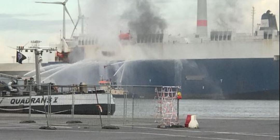 The Antwerp fire department fighting the fire aboard the Silver Sky car carrier. 