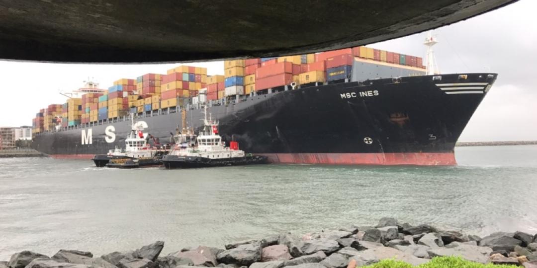 The MSC Ines which drifted into the entrance of the Durban harbour due to the storm.