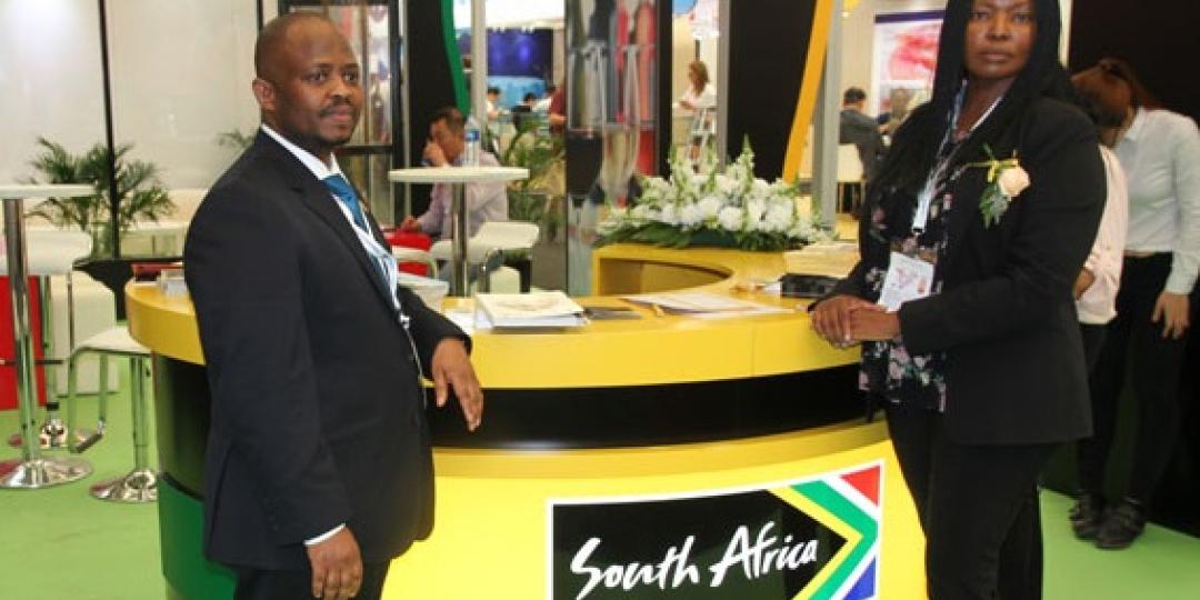 SA consul-general, Mpho Hlahla, and dti Foreign Economic representative, Thulani Mpetsheni, at the South African Pavilion. 