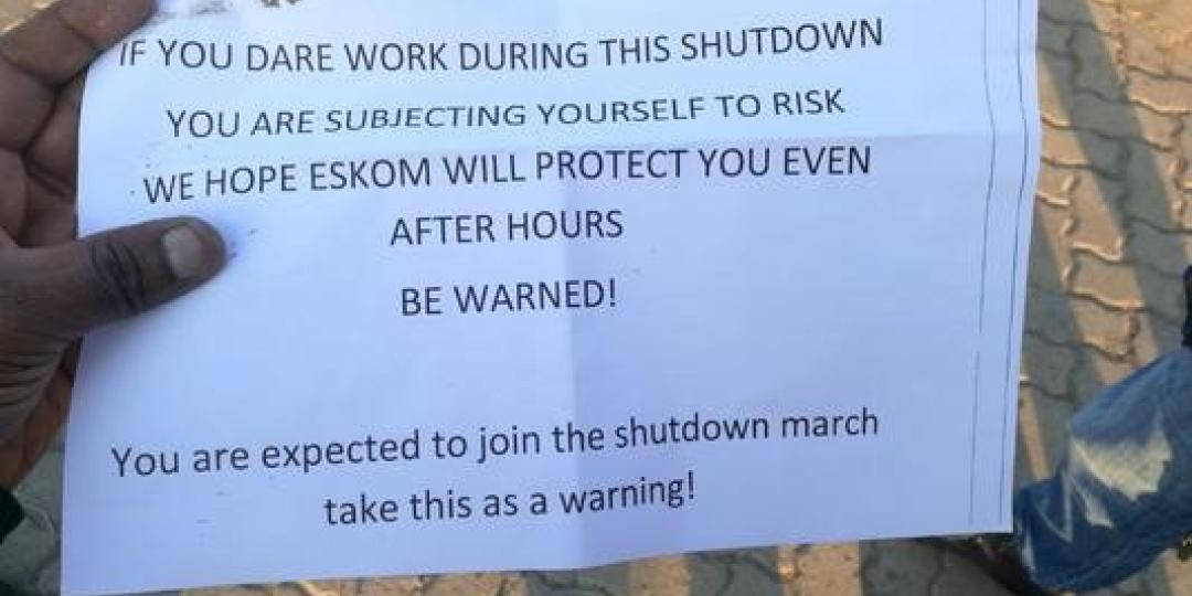 A notice warning Eskom employees not to work during the "shut down" on Thursday at one of the power stations.