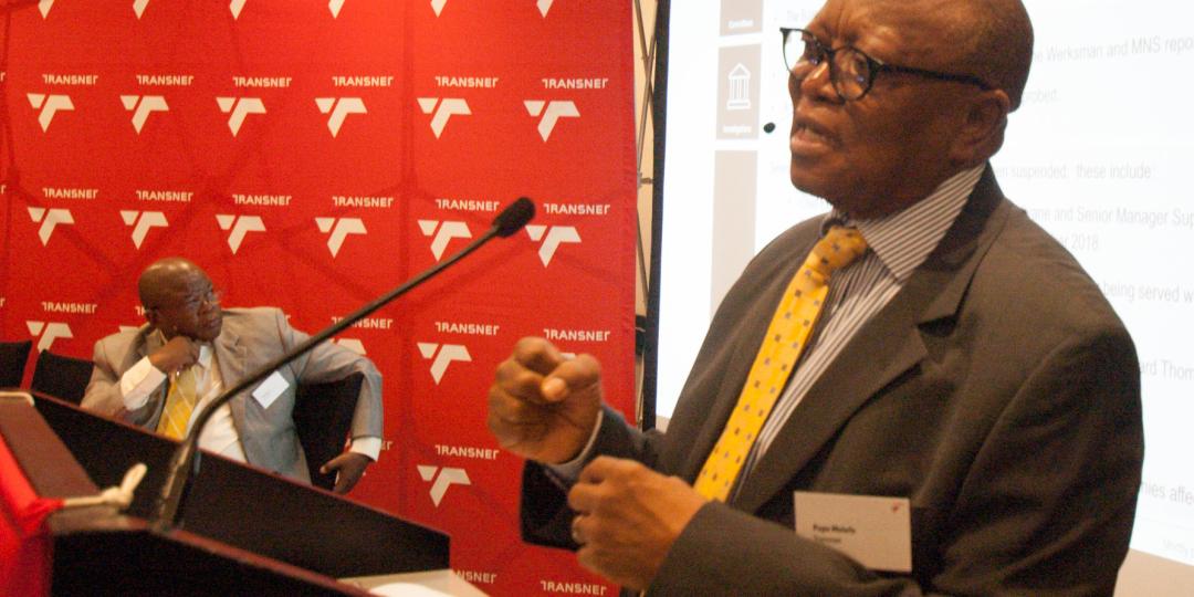 Boxing clever… Transnet board chairman Popo Molefe addresses the media as acting CEO Tau Morwe looks on.