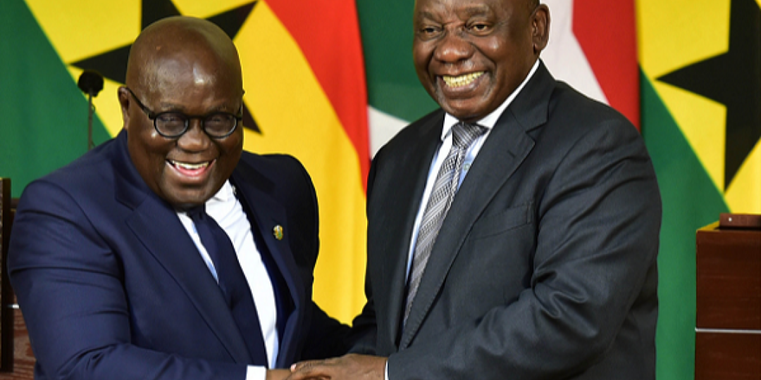 Ghana President Nana Akufo-Addo and South African President Cyril Ramaphosa are joyous during bilateral discussions. 